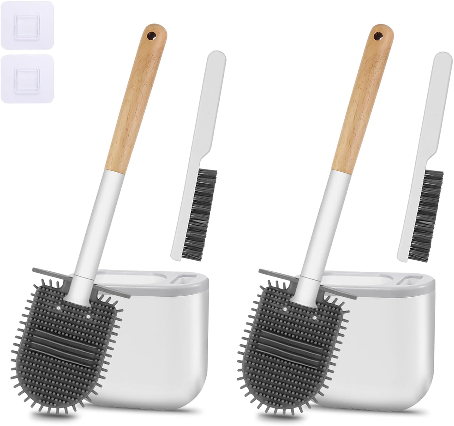 Toilet Brush and Holder-Flexible Toilet Bowl Brush Head with Silicone Bristles, Wall Mounted Nail-Free Installation, Multifunctional Gap Brush, Ventilation Slots Base (2 Pack, Wood)