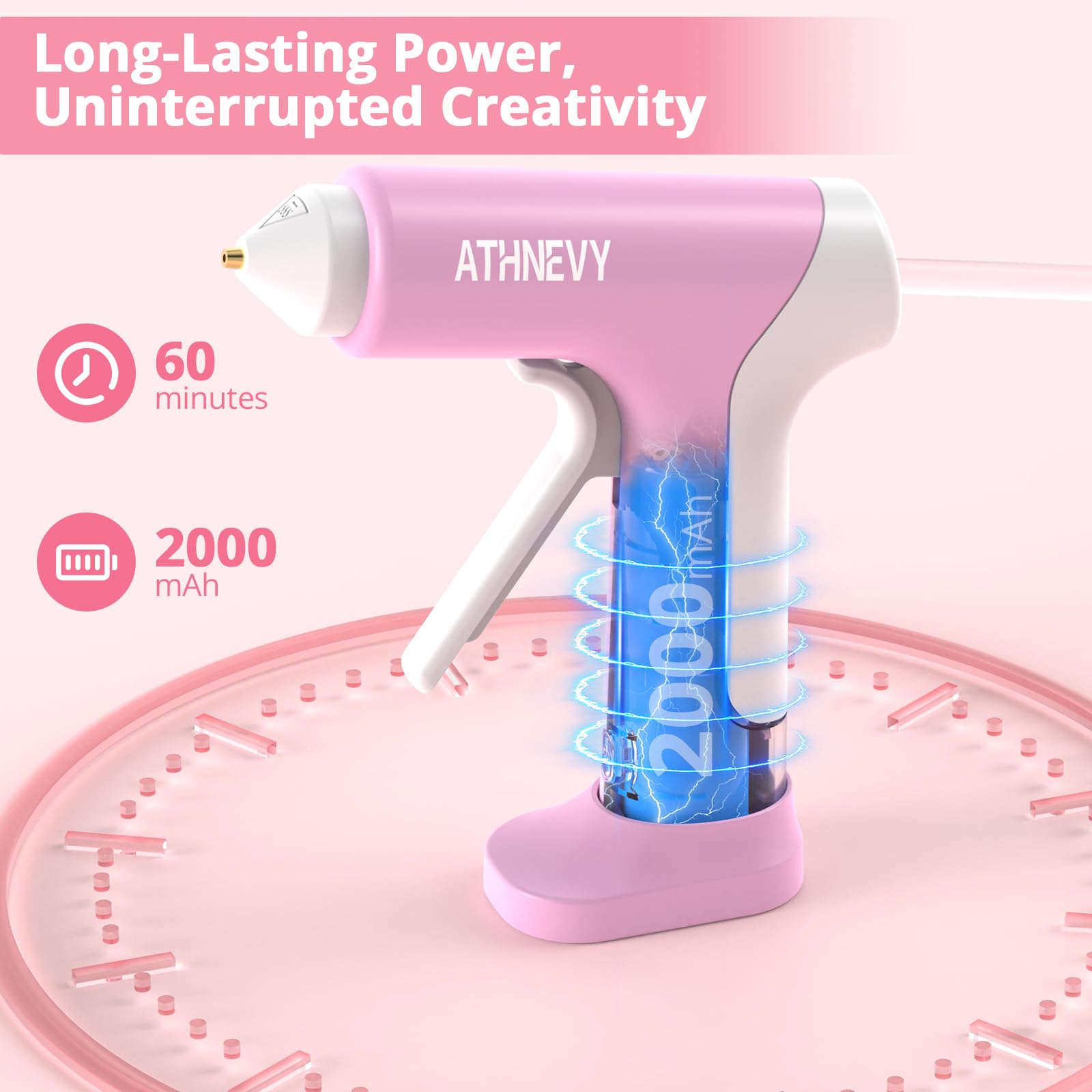 Pistolet à Colle Sans Fil, 4V Pré-chauffage 10s, USB-C, Batterie 2000mAh Indicateur, Régulation Température, Buse Anti-Goutte, Arrêt Auto, 30 Bâtons 7mm, DIY Réparation Projets Scolaires (Rose)