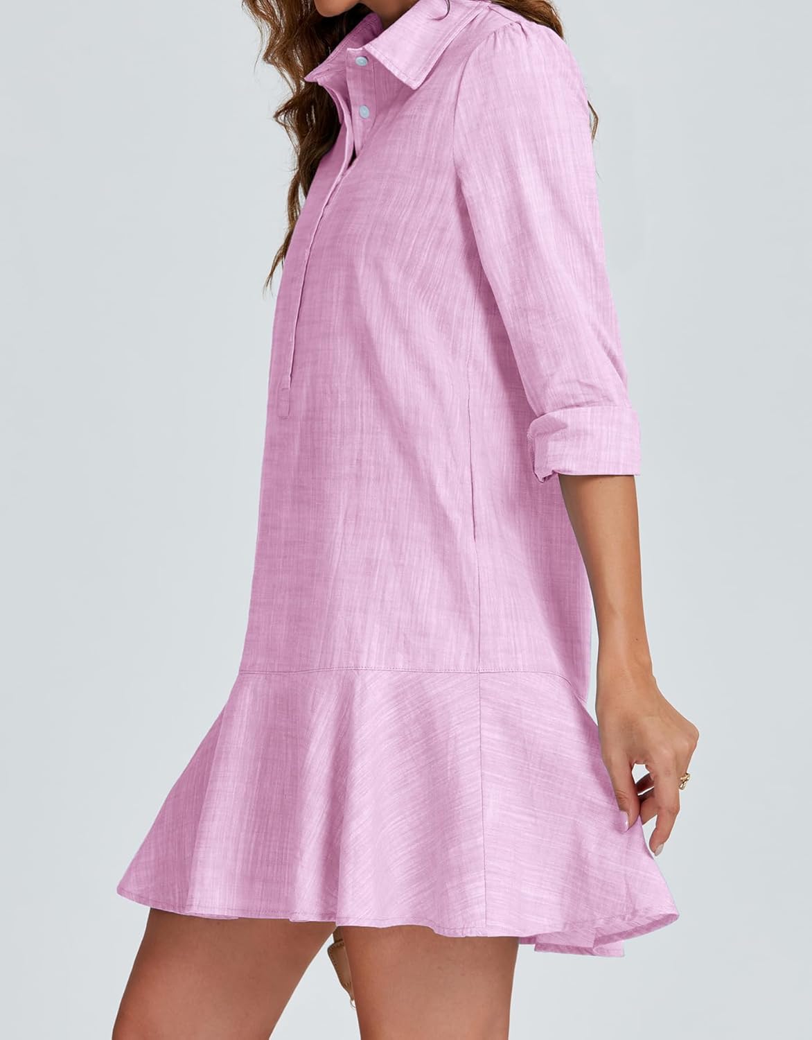 LifeShe Women's Tunic Mini Shirt Dress Cotton Long Sleeve Ruffle Hem Dress Button Up Shift Chambray Dresses - Image 4