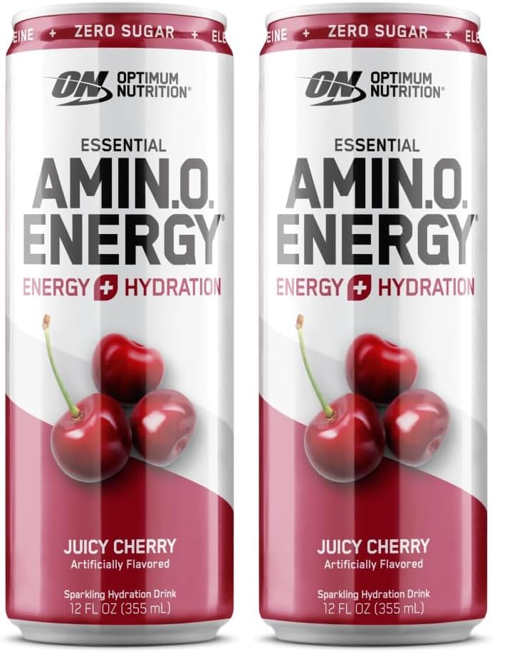 Optimum Nutrition Amino Energy Sparkling Hydration Drink, Electrolytes, Caffeine, Amino Acids, BCAAs, Sugar Free, Juicy Cherry, 12 Fl Oz, 1 count (Packaging May Vary) (Pack of 2)