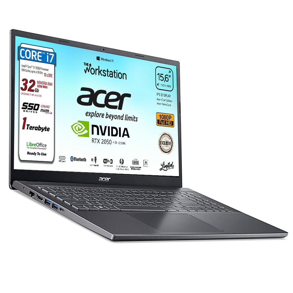 Acer Notebook Intel i7-1255U 10 Core 32GB RAM SSD 1TB 15.6" Full HD | 4.7GHz, Nvidia Geforce RTX 2050, Tastiera retroilluminata, Wi-Fi 6, Win 11 pronto all'uso