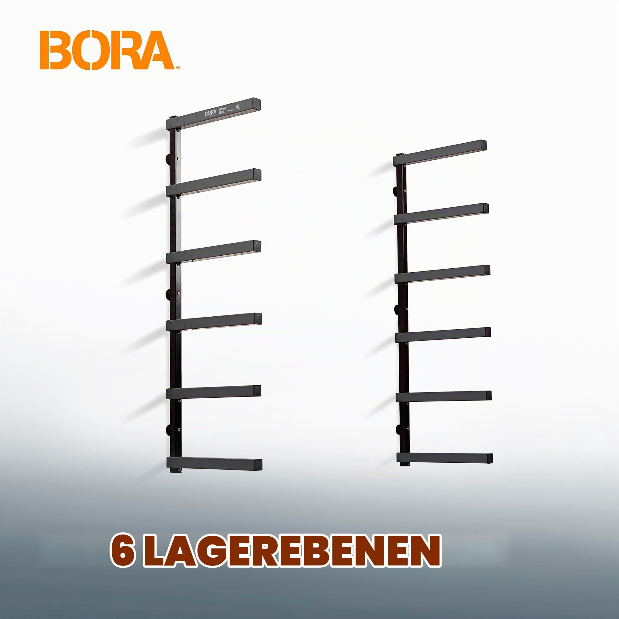 Bora Portamate PBR-006B Holzorganizer und Holzaufbewahrung, Metallregal mit 6 Ebenen, Wandhalterung für den Innen- und Außenbereich