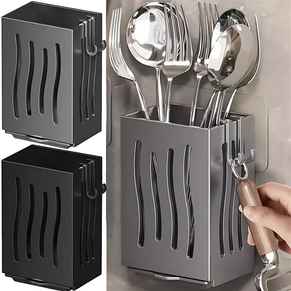 Lot de 2 porte-ustensiles de cuisine multifonction - Support mural autoportant en plastique pour baguettes - Gris
