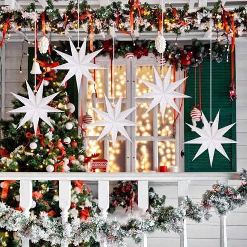Image of 12 Inches 5 PCS White Paper Star Lanterns Hanging Stars Christmas Party Decorations Hanging Lampshade Christmas Wedding Birthday Christmas Home Party Decorations(9 Pointed)