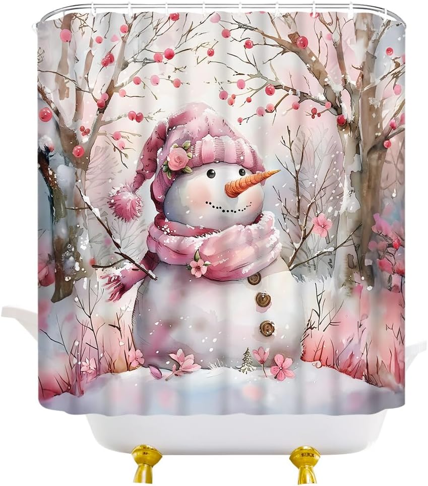 Pink Christmas Snowman Shower Curtain Rustic Flowers Romantic Winter Xmas Holiday Watercolor Fabric Bathroom Curtain with Hooks, 70Wx84H