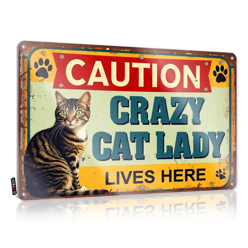 Tin Wall Decor Caution: Crazy Cat Lady Lives Here Tin Sign Bro Cave Sign Old Signs Metal Vintage(20X30CM)