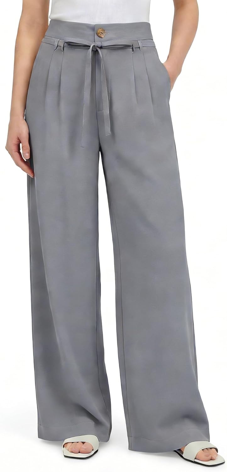 GRACE KARIN Linen Pants Women,Elastic High Waist Wide Leg Pants with Pockets,Comfy Beach Vacation Trousers