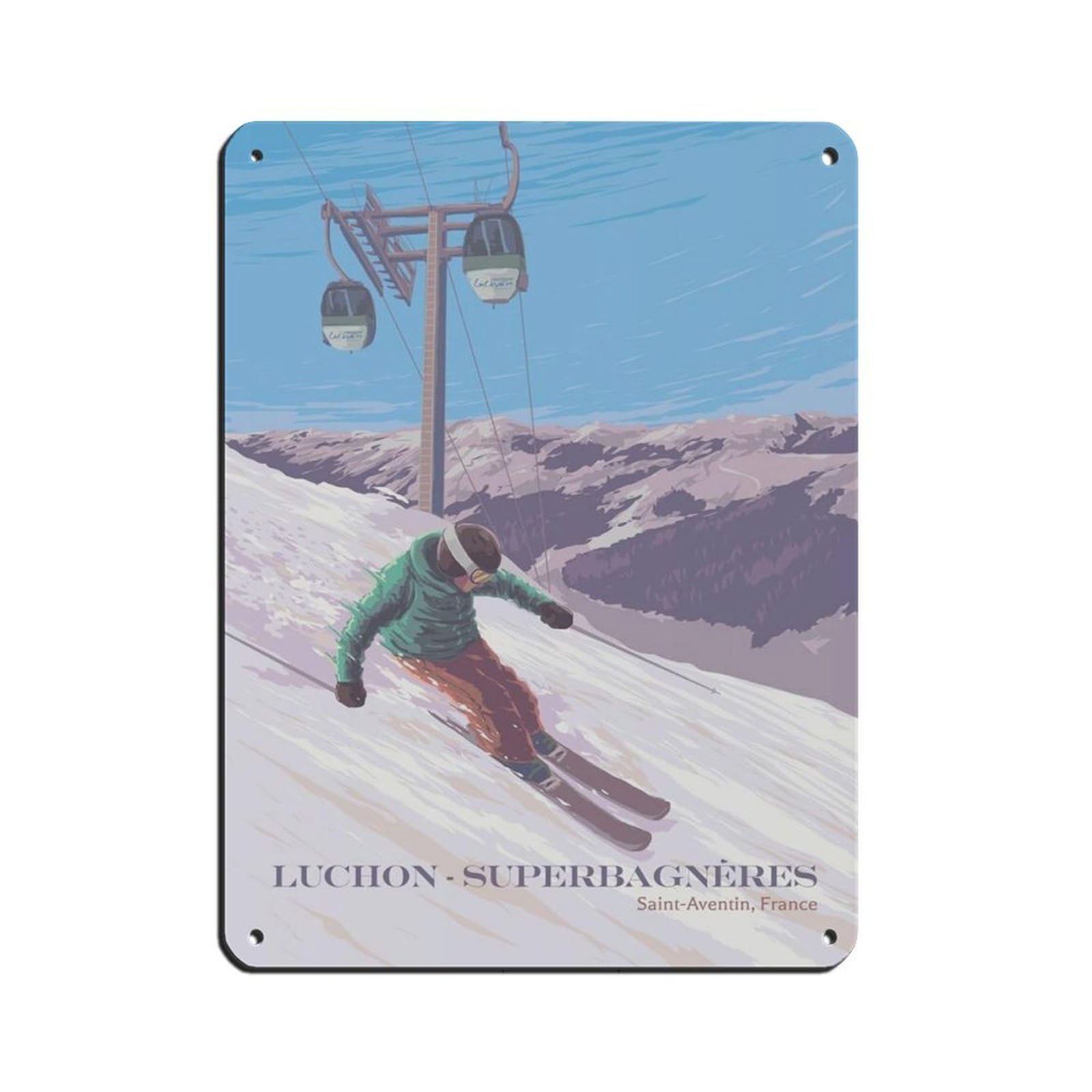 Cadeau souvenir Luchon-Superbagnères : plaque métal vintage The Ski Resort 30x40