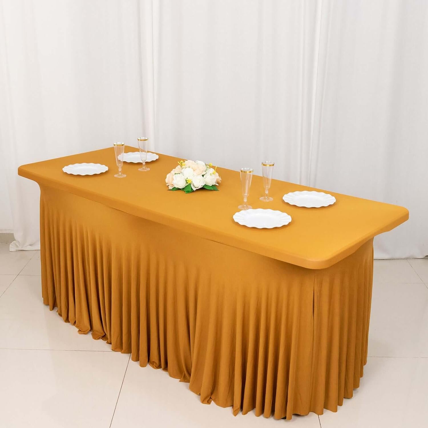Efavormart Gold Wavy Spandex Fitted Rectangle 1-Piece Tablecloth Table Skirt, Stretchy Table Skirt Cover with Ruffles 6ft