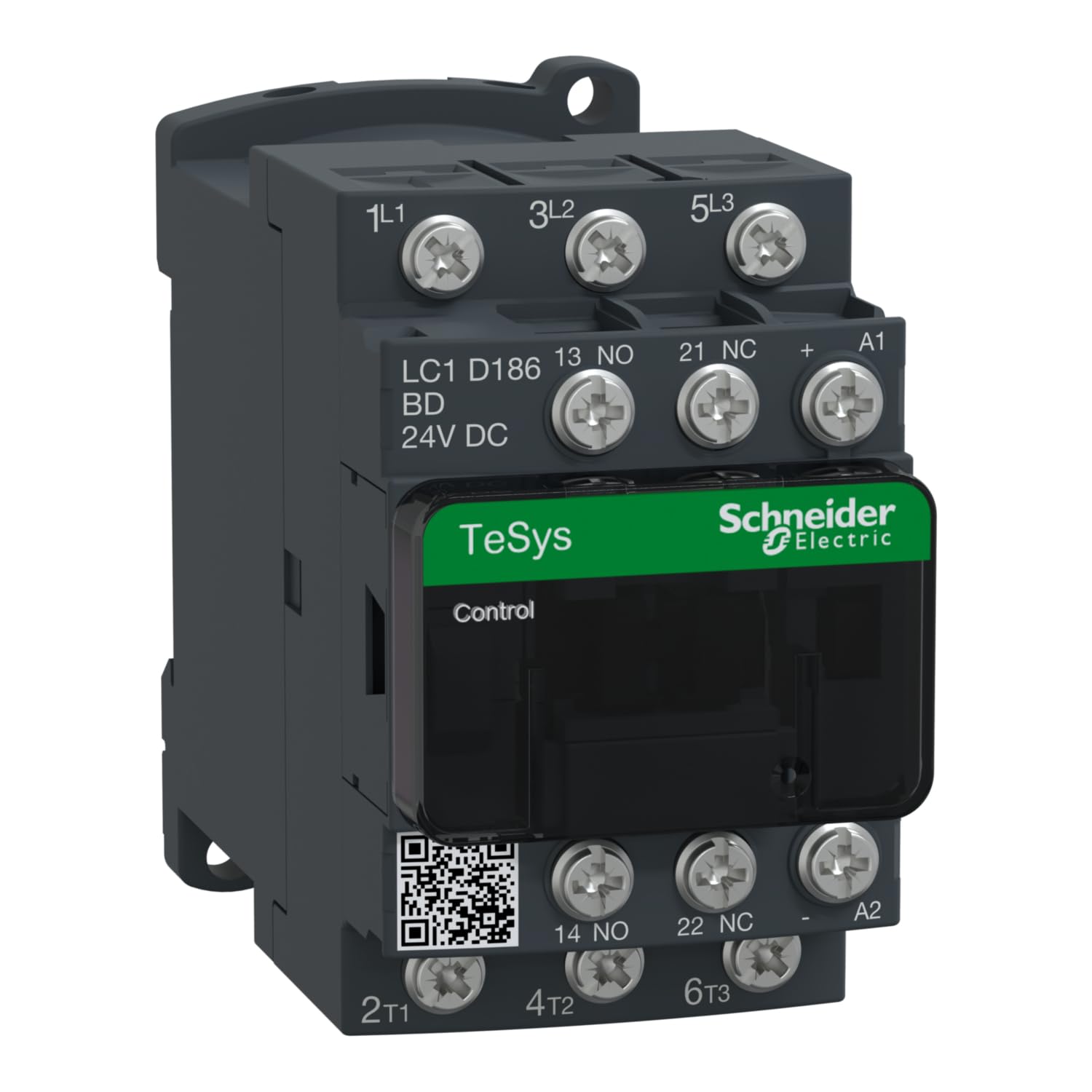 Schneider Electric TeSys Deca contactor,3P(3NO),AC-3/AC-3e,=440V 18A,24V DC coil,lug-rings,LC1D186BD, 95mm x 45mm x 77mm