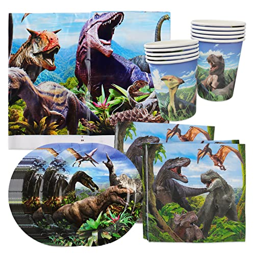 Dinosaurier Partygeschirr, 41Pcs Dino Geburtstag Deko, Dino Party Supplies Set, Pappteller Kindergeburtstag Junge, Serviette Teller Tischdecke Pappbecher, für Partygeschirr Tiere Dschungel Tischdeko Cover