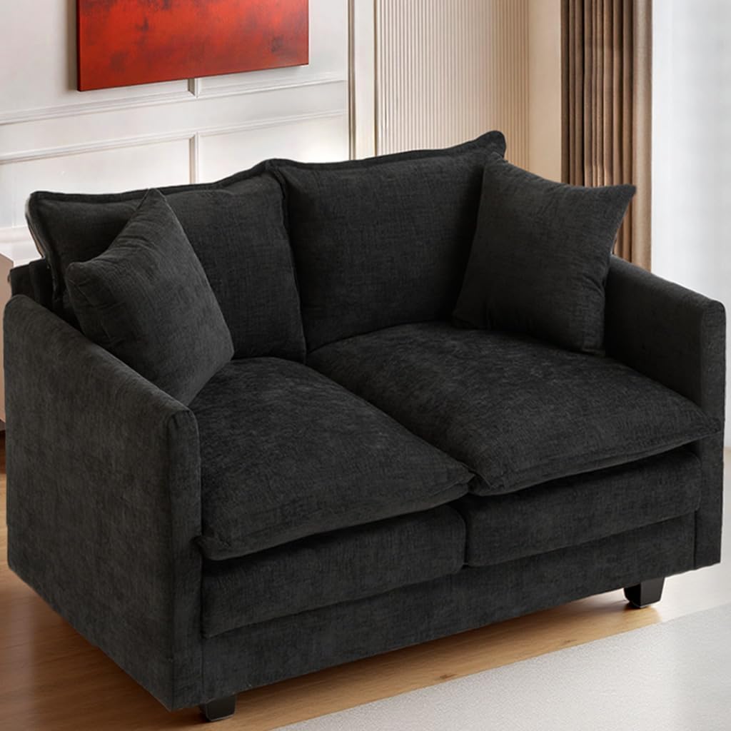50 Inch Loveseat Sofa | Comfy Small Couch for Bedroom, Living Room, Office | Mini 2 Seater Sofa in a Box | Deep Seat with Double Layer Upholstered Cushion, Removable Cover, Chenille Fabric | Black