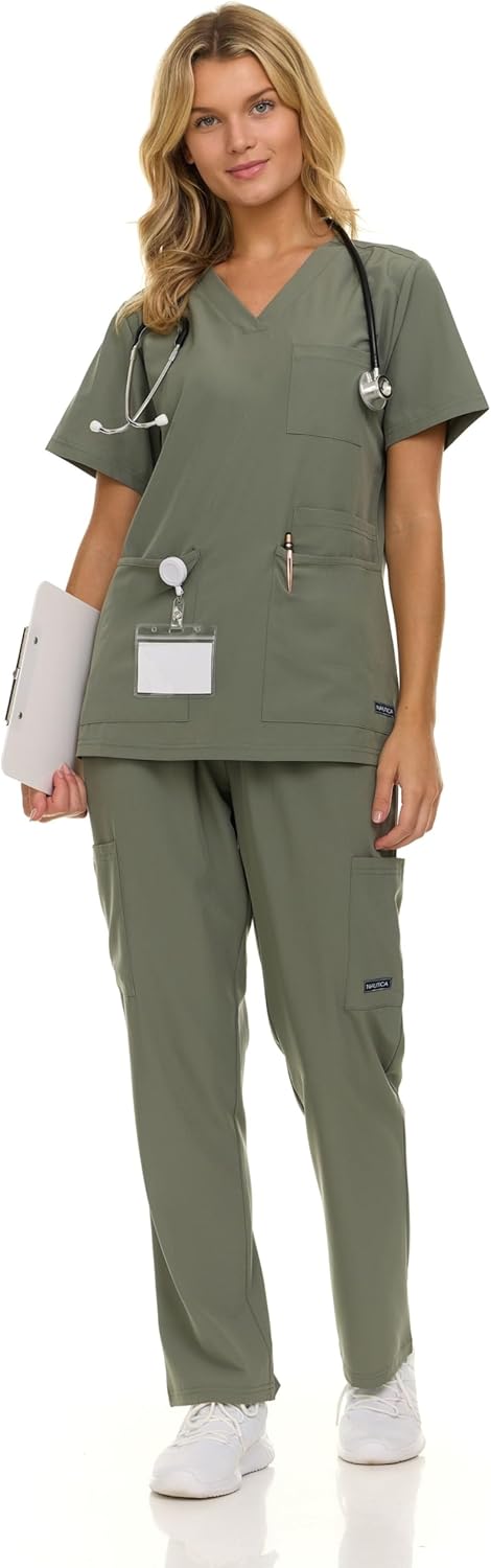 Nautica Women's Scrub Set, 9-Pocket Breathable & Stretchy Pants & Tops