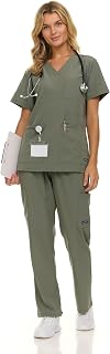 Nautica Scrubs for Women Set of 2 - Medical Nursing Stretch Top & Pants | Stretch fabric, regular and plus sizes; ID badge loop; V-neck, dual cargo pockets; nurses doctors vet techs