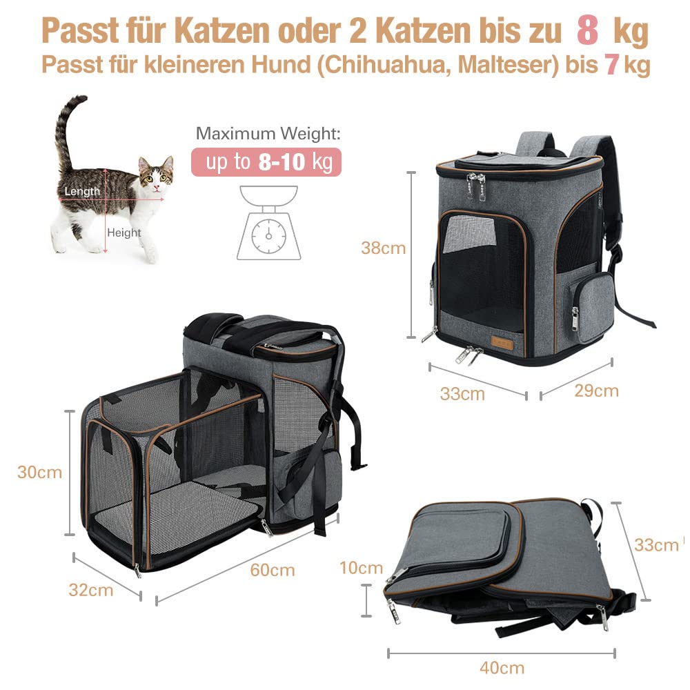 Lekesky Zaino per Cani Gatti Grande Zaini Porta Animali Espandibile Per Cani Piccoli Gatto Medi Fino a 8 KG, con 2 Tappetini Zaino Porta Cuccioli Traspirante Pieghevole Per Viaggi Escursioni, Grigio