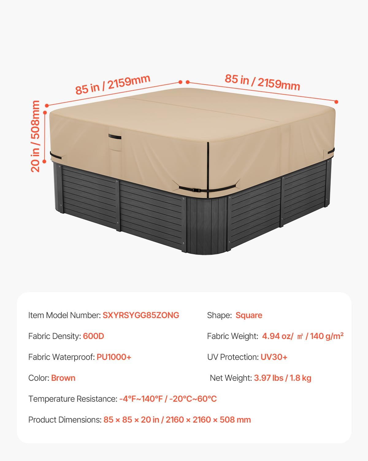 VEVOR Outdoor Hot Tub Cover, 85 x 85 x 20 Inch Weatherproof and Waterproof Hot Tub Cover Protector, 600D Heavy Duty Oxford Fabric and 950N Tearing Strength, Square Spa Covers for Hottub, Brown