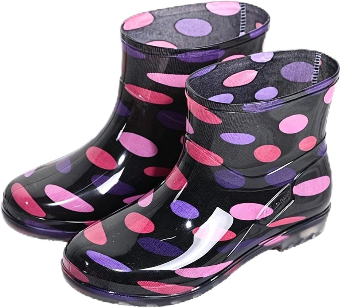 Womens Multi Color Printed Ankle Rain Boots Glossy Waterproof Pull On Short Rain Footwear Casual