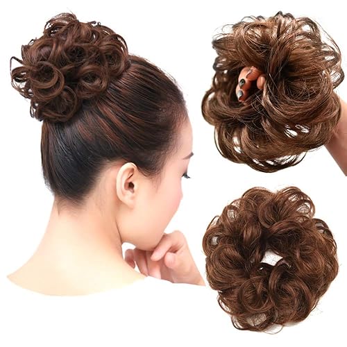 Miniatura 6 de Extensiones de cabello de moño desordenado, rizado, ondulado, sintético, con moño, recogido, para mujeres y niñas (R12# castaño caoba)
