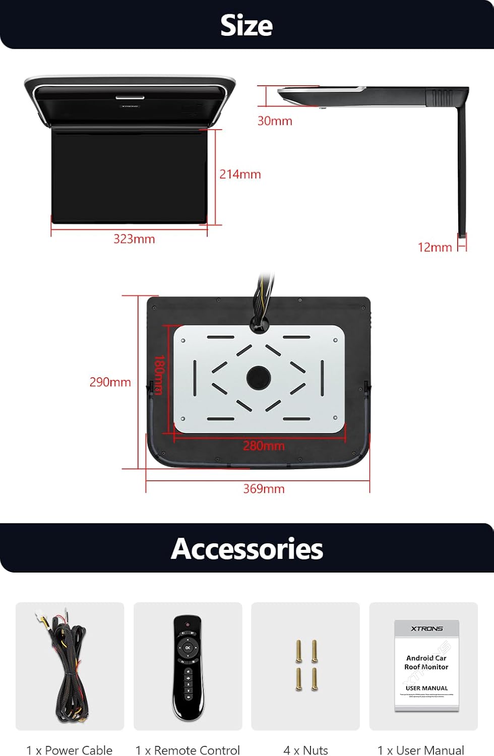 XTRONS Android Car Overhead Player 14 Inch Wide IPS Screen 1920x1080 Car Roof Mount Monitor with Built-in Stereo Speakers Flip Down Overhead Car Monitor Support WiFi, HDMI Input, USB, CVBS Input