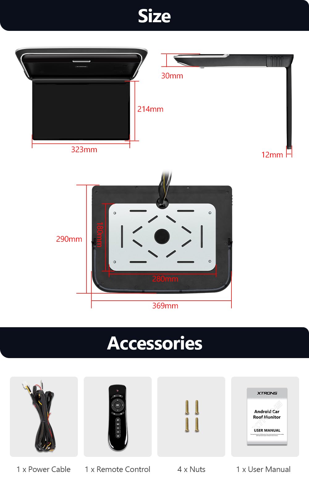 XTRONS 14 Zoll FHD IPS Bildschirm 1920 * 1080 Ultra Narrow Bezel Android Car Roof Multimedia Player mit Wireless Screen Mirroring Eingebauter HD Eingang CVBS Eingang Stereo Lautsprecher