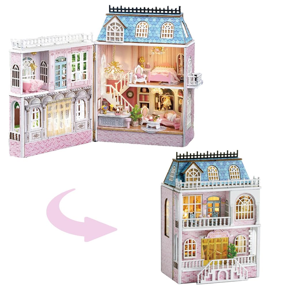 TuKIIE DIY Miniature Dollhouse Kit with Furniture, 1:32 Scale Creative Room Opened & Closed Mini Wooden Doll House for Kids Teens Adults(Romantic