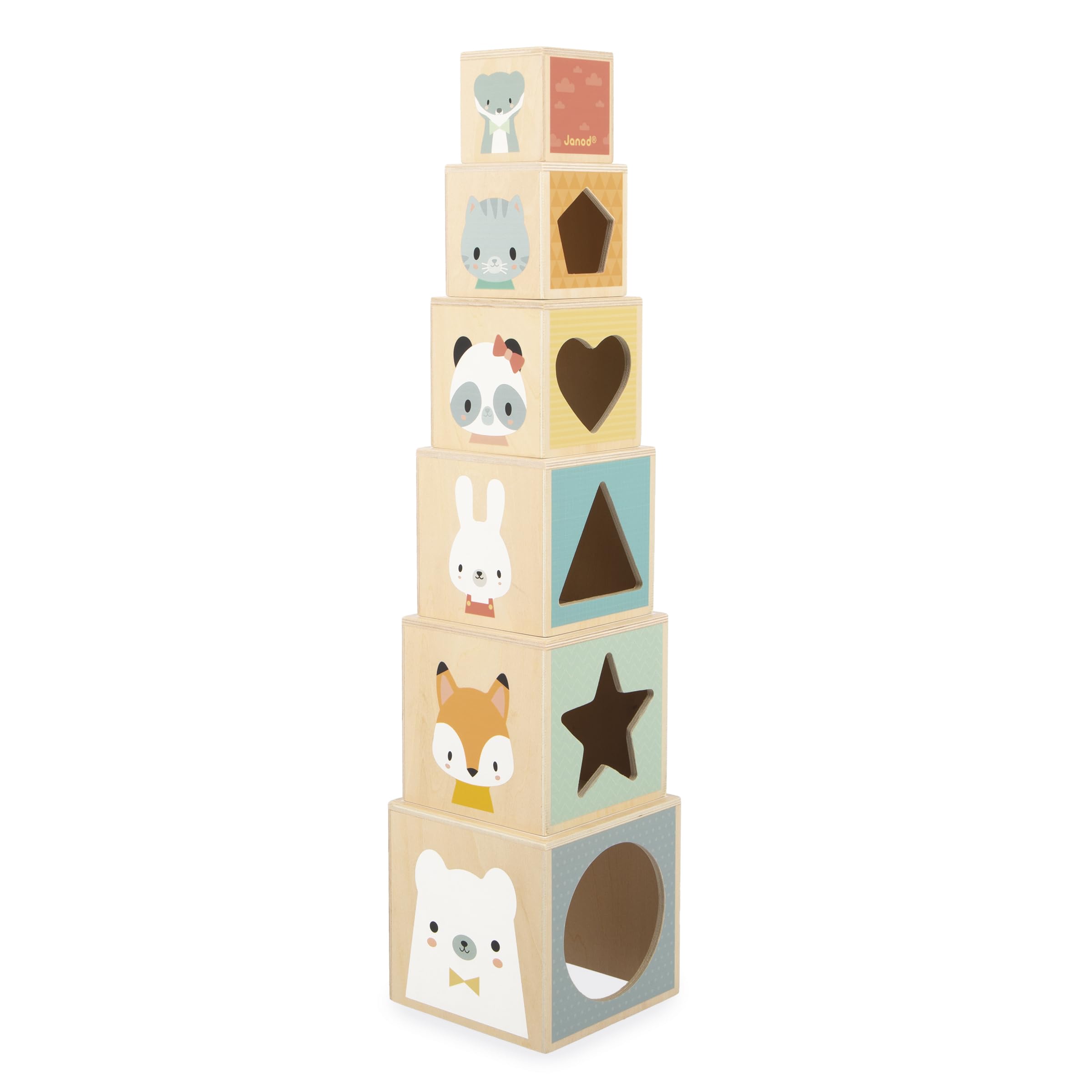 Janod - My first wooden pyramid - Early Learning Toy - 6 Stacking Cubes - Stacking and nesting toy - Develops dexterity and imagination -First age - From 12 Months, J05147