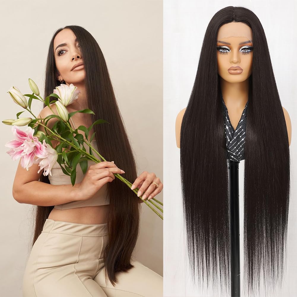 Felek Super Long Straight T Part Lace Wigs Synthetic 40 Inch Straight 13x4x1 T Lace Front Wigs Heat Resistant Fiber Glueless Pre-Plucked Natural