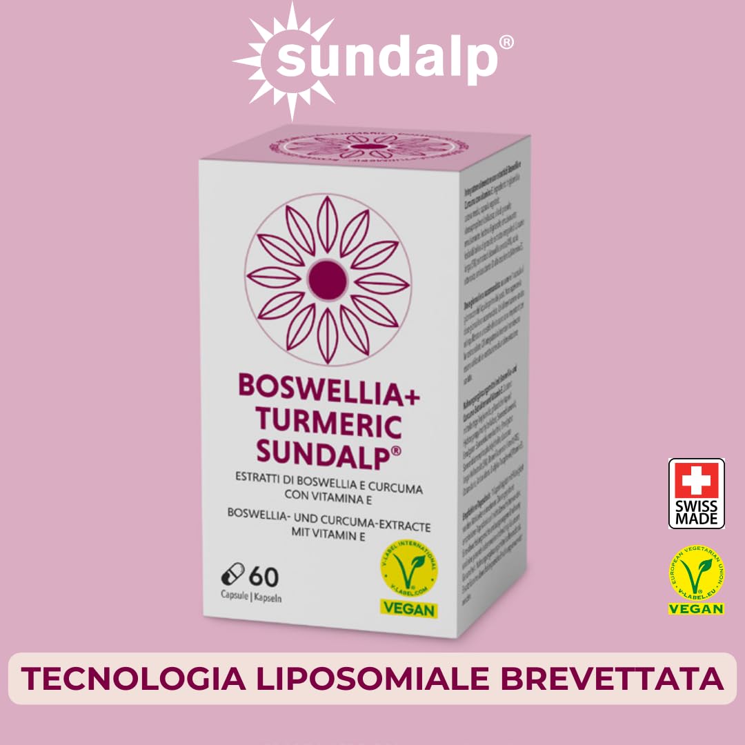 SUNDALP Boswellia + Turmeric | Integratore per Articolazioni e Dolori Muscolari Cronici | Integratore Alimentare con Estratti di Boswellia Serrata, Curcuma Longa e Vitamina E - 60 Capsule