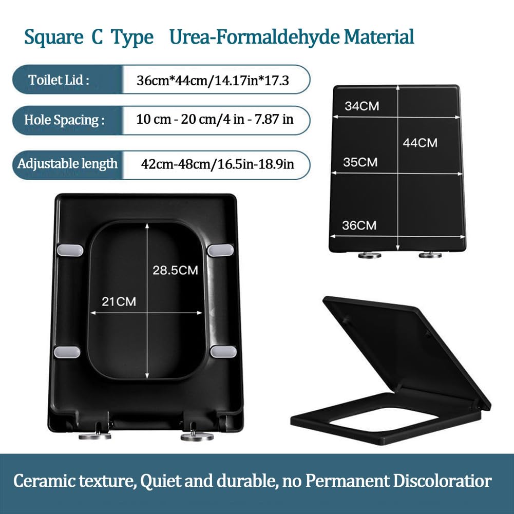 Wttfc Tavoletta WC Universali Forma Quadrata,Sedile WC Urea-Formaldeide Chiusura Ammortizzata,Coperchio Water con Sgancio Rapido A Un Pulsante,Nero ASSE WC,Coprivaso,Square
