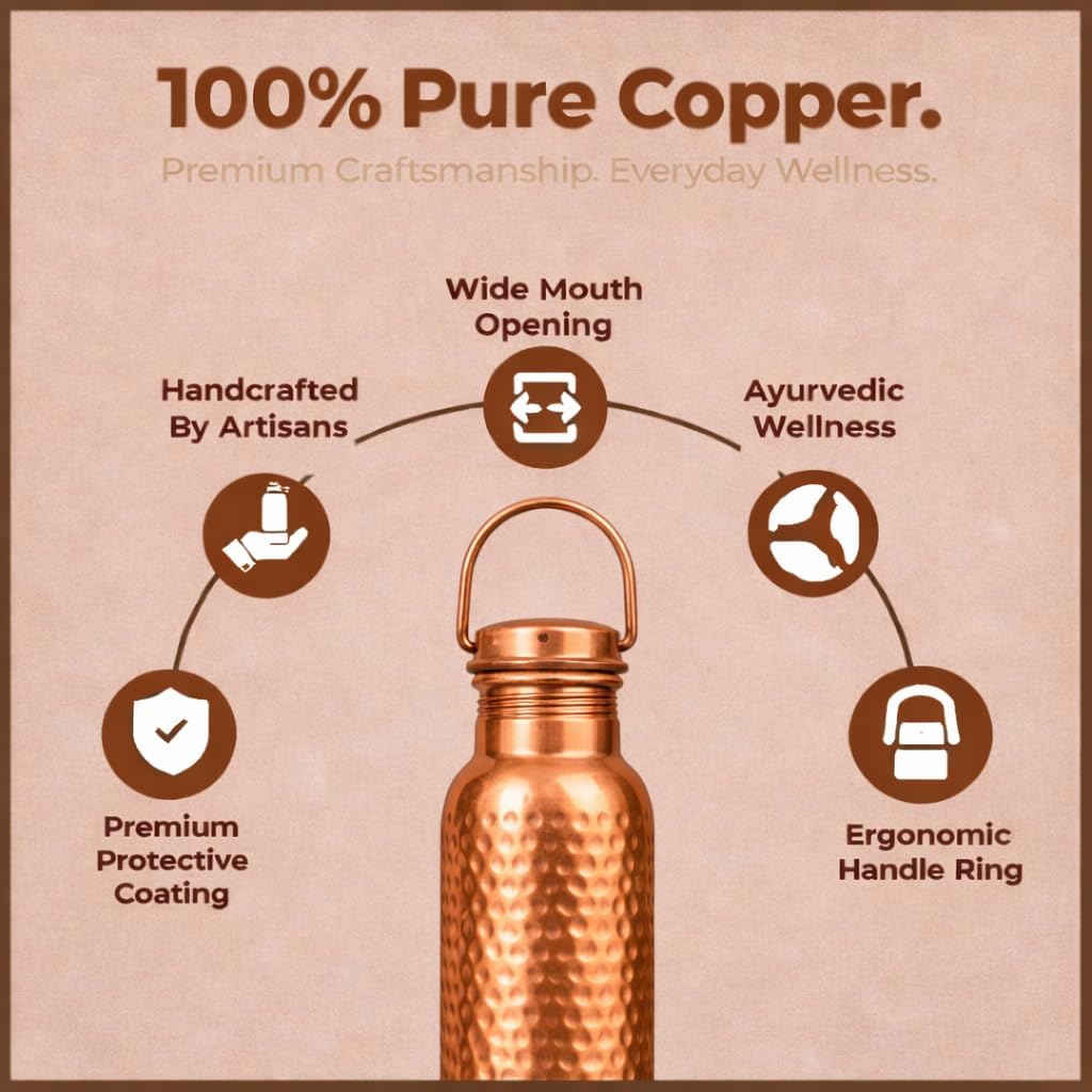 Premium Pure Copper Water Bottle – 32oz Hammered Finish – Leak-Proof Ayurvedic Copper Vessel for Daily Hydration – Handcrafted & Eco-Friendly