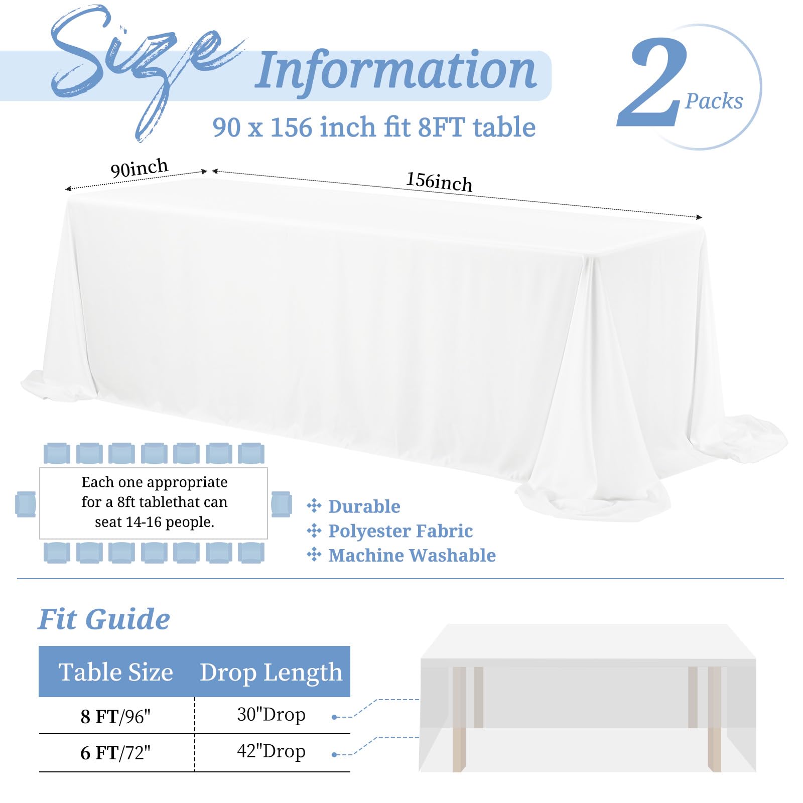 Showgeous 2 Pezzi Tovaglia in Poliestere Bianca 229 x 396cm Tovaglie Rettangolari in Tessuto Copritavolo Bianco Lavabile per Banchetti di Nozze Ristorante Feste a Buffet Campeggio