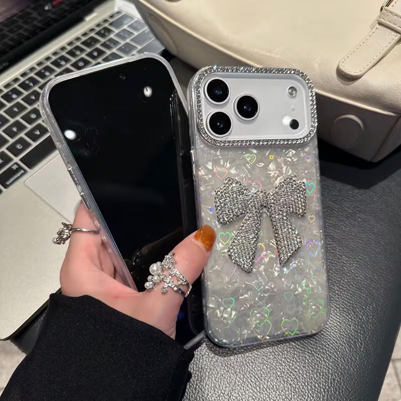 Image of mobistyle Compatible with iPhone 17 Pro | Rhinestone Bow Elegant Heart Shell Pattern and Camera Lens Protection Back Cover Case for Women Girls iPhone 17 Pro (White)