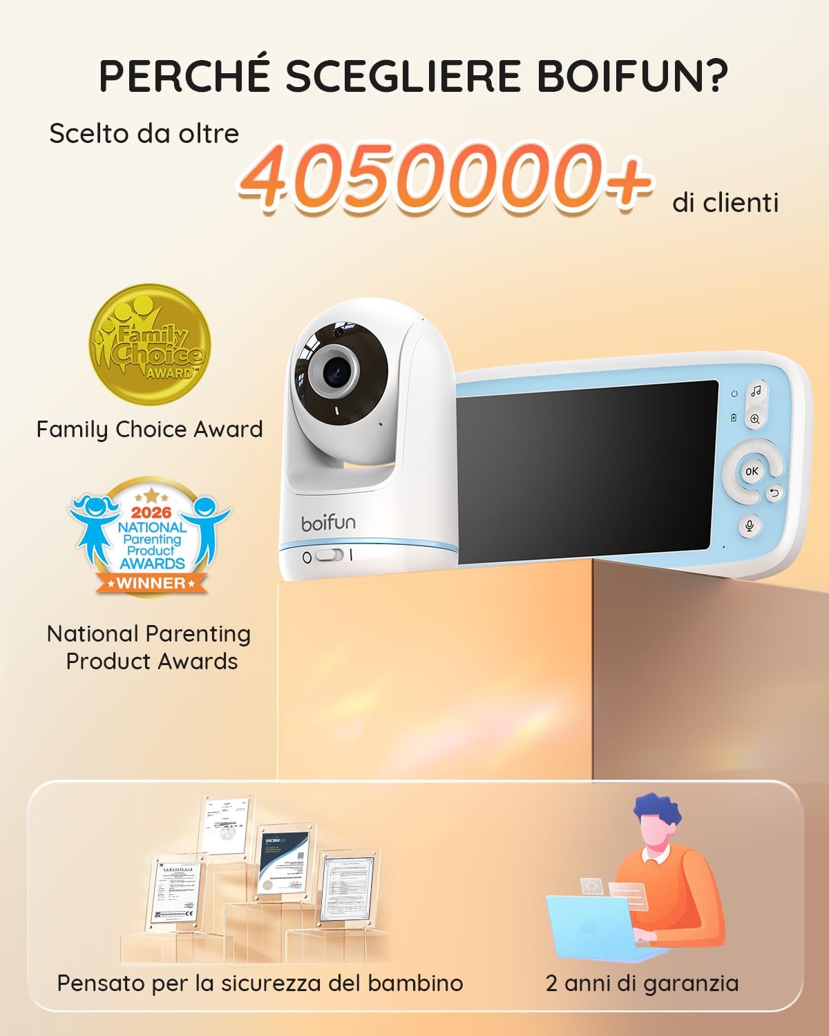 Boifun Baby Monitor 360° HD, Schermo IPS 5", Audio Bidirezionale, Rilevamento Temperatura, Batteria 3050mAh, Zoom 3X, Visione Notturna, Modalità VOX, Ninne Nanne