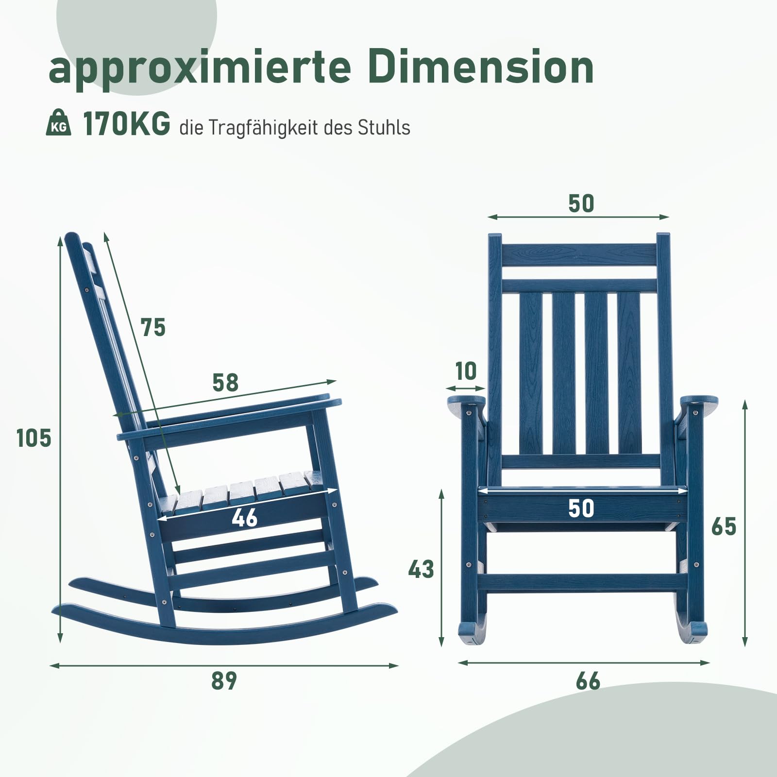 Schaukelstuhl Gartenstuhl für den Außenbereich, HDPE Schaukelstuhl für Erwachsene mit hoher Rückenlehne, Wetterfest, für Terrasse, Garten, Rasen, Veranda, Blau