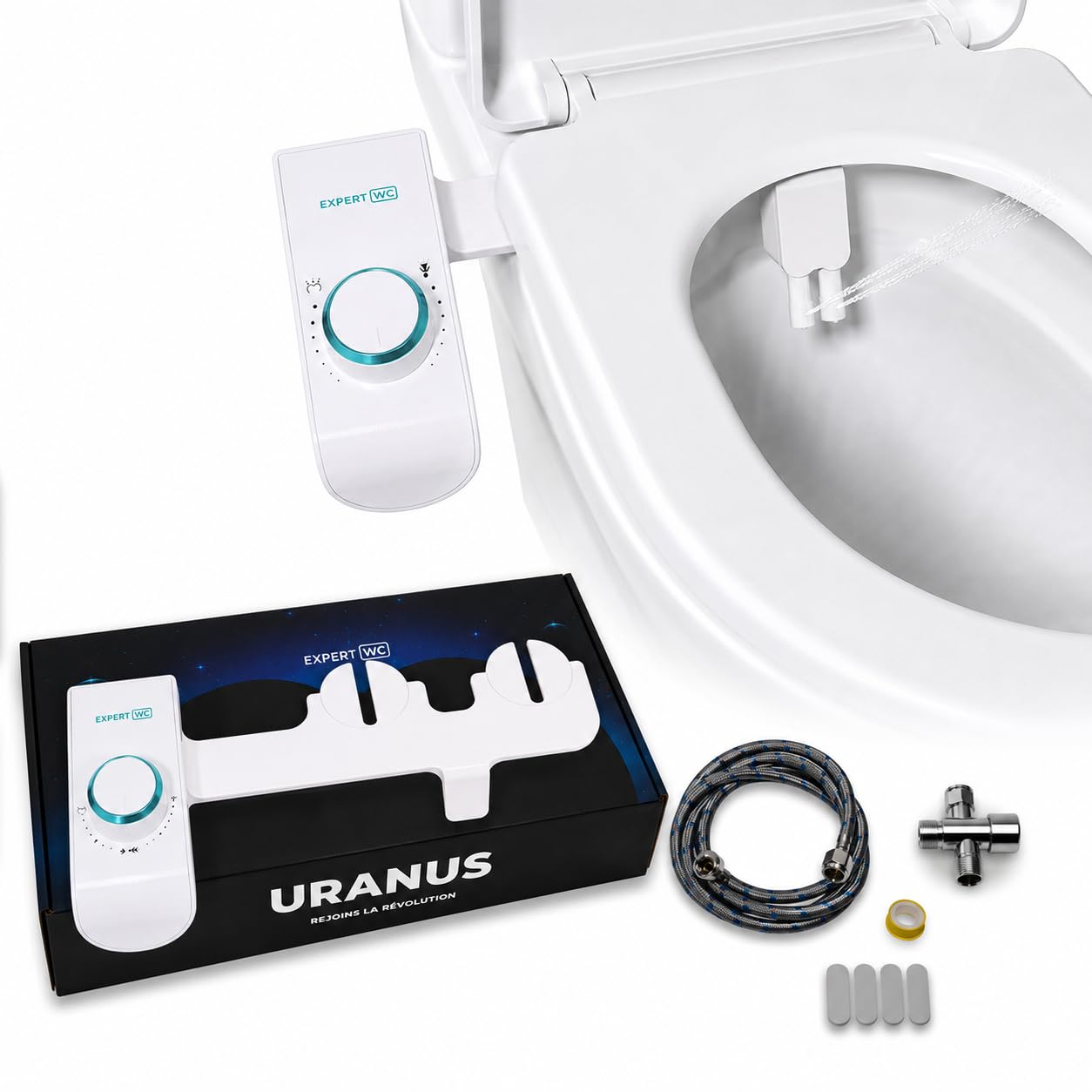 Kit completo de aseo japonés autolimpiante, marca francesa, bidé japonés con chorro ajustable de agua, para lavado y limpiador de glúteos, tapa extraíble para higiene moderna, ultra delgada