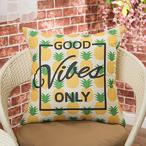 Fjfz Spring Summer Decoration Good Vibes Only Pineapple Motivational Sign Inspirational Décor Cotton Linen Home Decorative Throw Pillow Case Cushion Cover For Sofa Couch, Gold Yellow, 18" X18" #TOP3