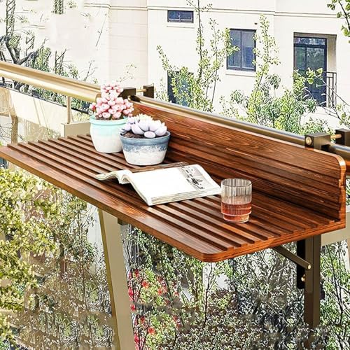 Wooden Balcony Bar Table - Folding Space-Saving Outdoor Rail Table for Garden & Terrace (60x33cm) - Stylish Hanging Design for Railings, Perfect for Small Spaces