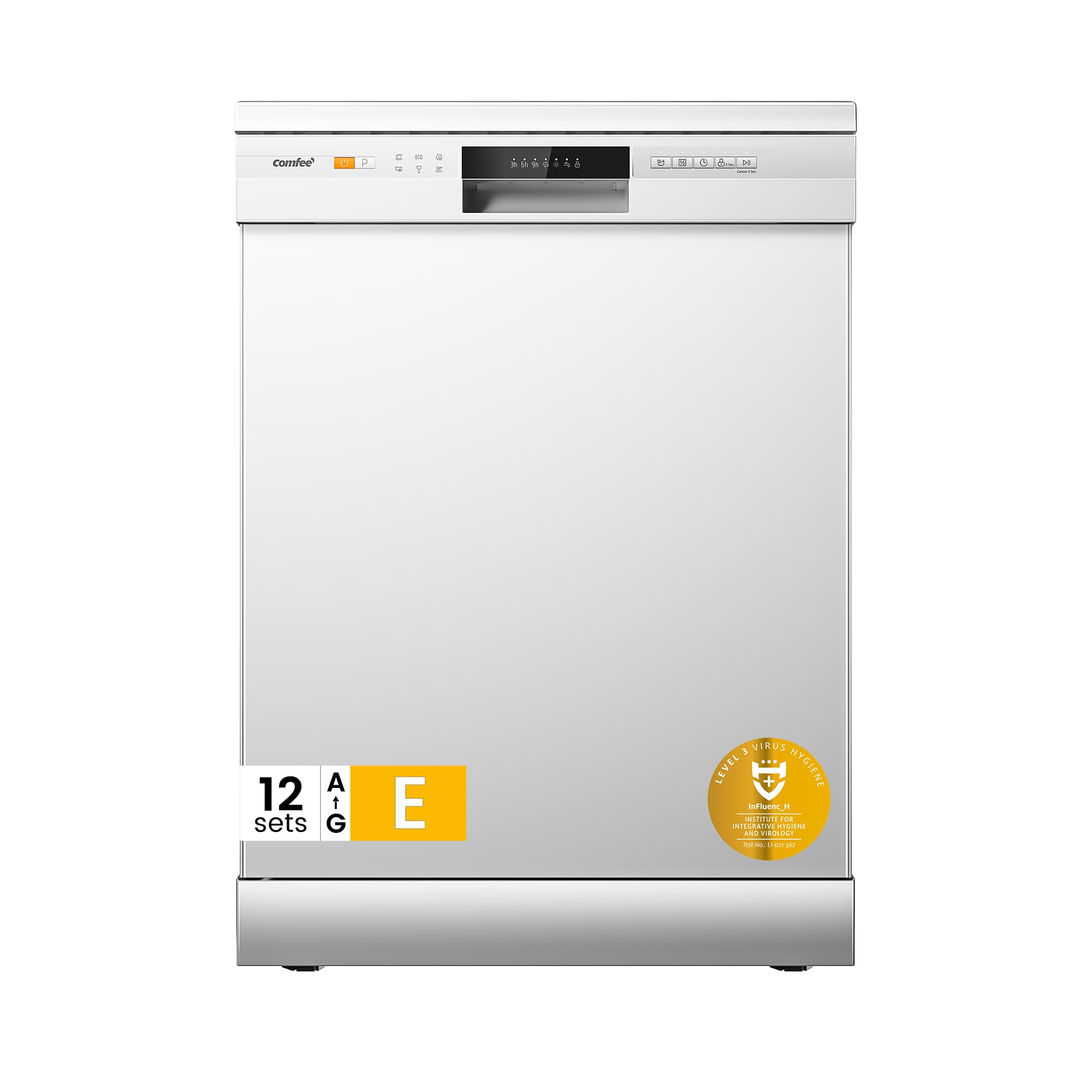 COMFEE' Freestanding Dishwasher CDWPF1201PW-UK 60cm Width, Full Size Dishwasher with 12 place settings, Quick Wash, Hygiene Wash, Delay Start, Half Load - White