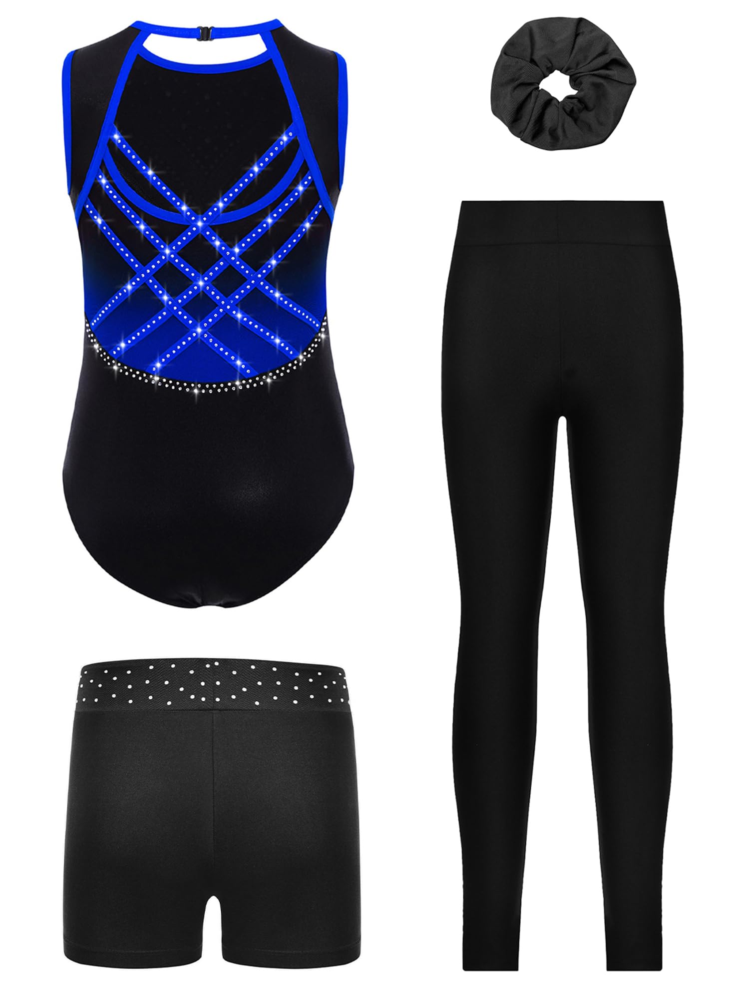 Pezzi Tutu Da Ginnastica Per Bambina Scintillante Tutu Da Ginnastica Con Pantaloncini Shorts Fazzoletto Per Capelli Leotard Da Da Maglia Da Per Competizioni Blu 5-6 anni