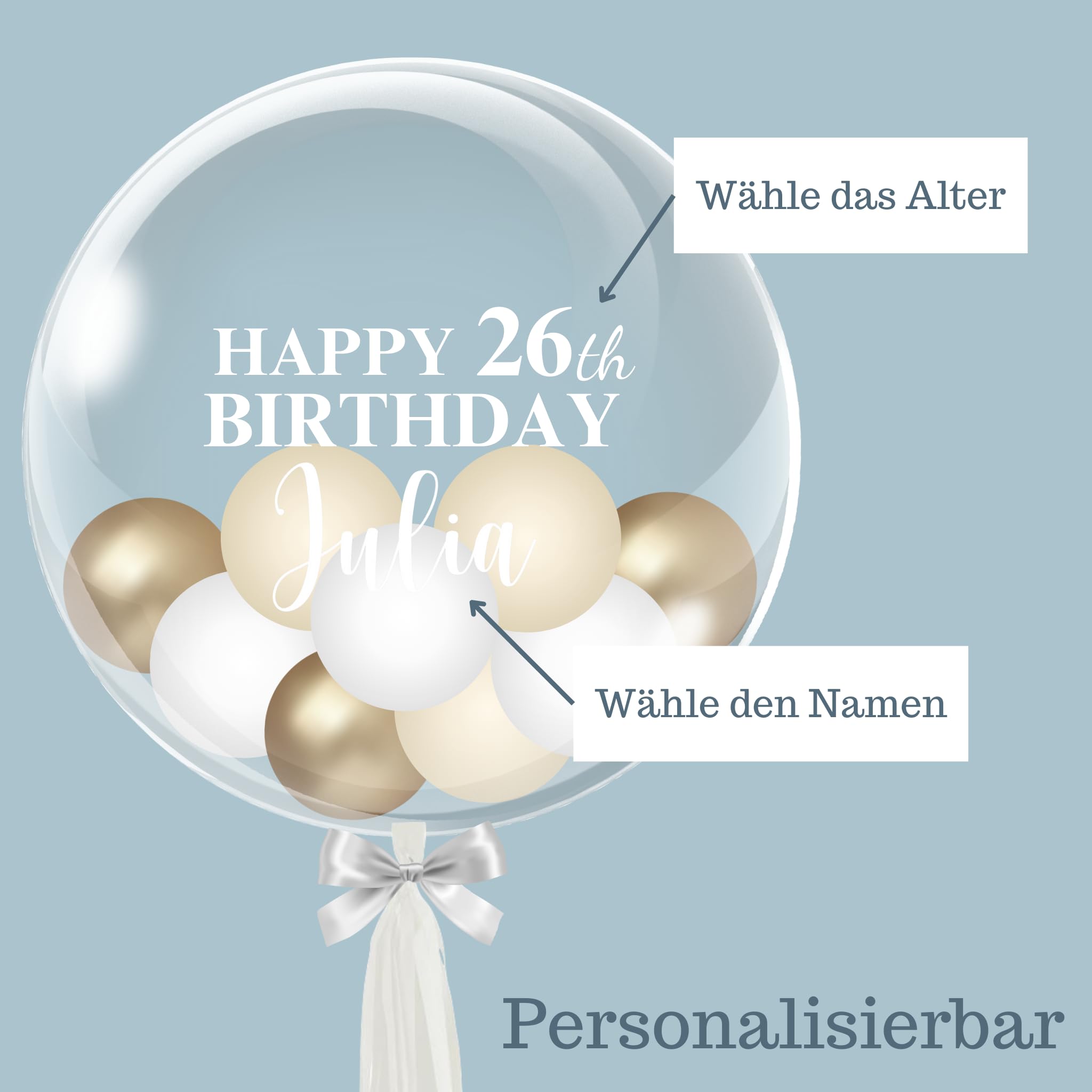 Blissful Birthday - Bubble Fabrik - Personalisiertes Ballongeschenk: Durchsichtiger Heliumballon mit Bunten Ballons, Geschenk für Geburtstag, Geburtstagsgeschenk