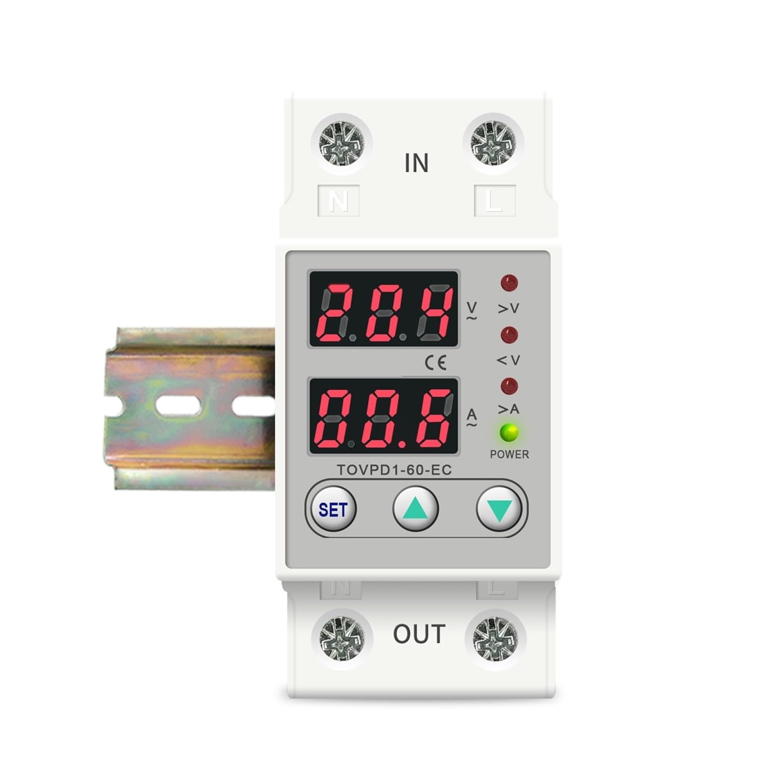 TSIOHKBS Dual Display 230V Din Rail Adjustable Over Under Voltage Current Protective Device Protector Relay TOVPD1-63-EC (60A)