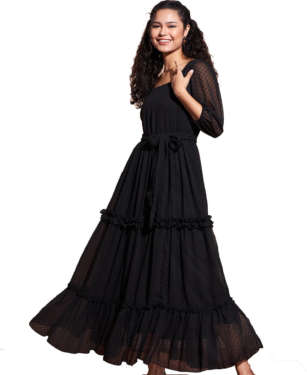 Deewa Mustard Self Design V-Neck Puff Sleeves Ruffled Tiered Fit & Flare Maxi Dress Deewa Mustard Self Design V-Neck Puff Sleeves Ruffled Tiered Fit & Flare Maxi Dress