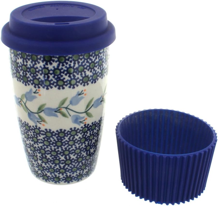 Blue Rose Polish Pottery - Blue Tulip Travel Coffee Mug - 12 oz - Mug for On-The-Go, Fits Most Car Cup Holders