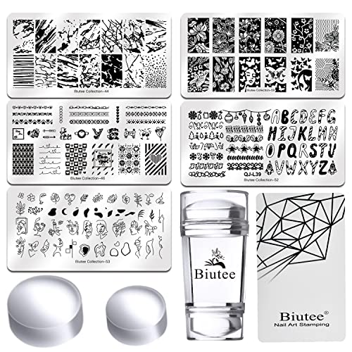 Biutee Nail Stamping Plates Kits 12Pcs Nail Stamping Polish Gel 5 Templates 1Nail Scraper 1 Anti-Overflow Nail Latex 1 Double-Headed Stamper And Two Silicone Head #TOP1