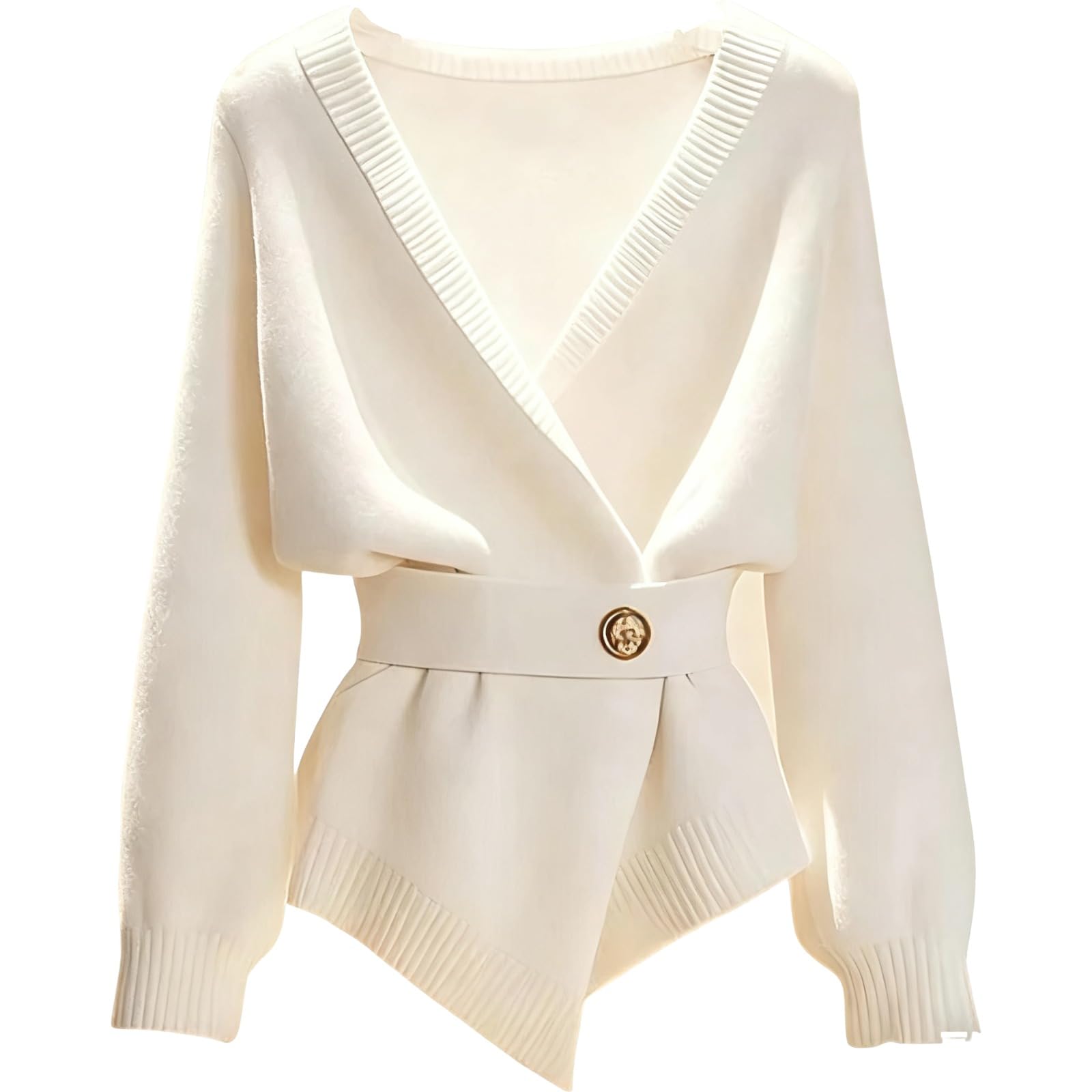 Womens Long Sleeve Deep V Neck Belted Asymmetric Hem Cardigan Sweater 2025 Fall Winter Trendy Elegant Office Wear