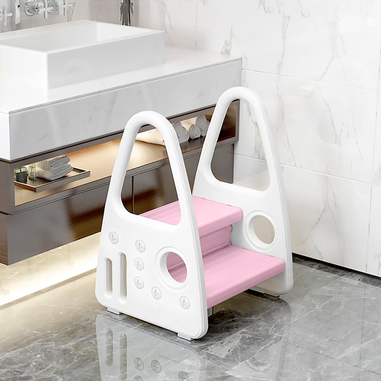 YRHome Kinder Tritthocker Trittschemel 2 stufiger Lernturm Kinderschemel Kleinkind Trittstufe Tritthocker Schemel Stehender aus Kunststoff Sicherheit Pyramiden-Struktur Küche Kinderzimmer Bad, Rosa