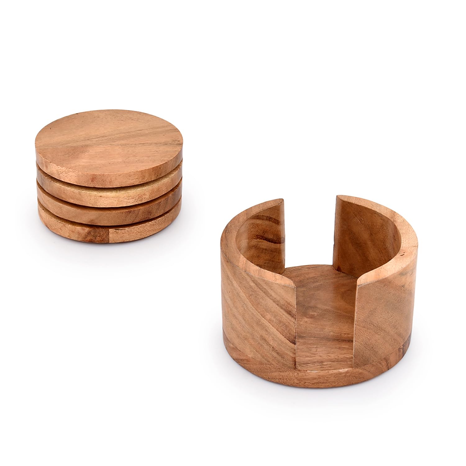 Set 4 Sottobicchieri Legno Acacia Con Supporto Ferro 10,16cm Set Di 4