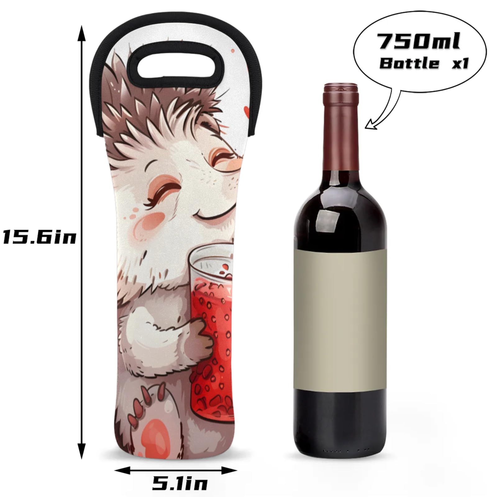 Neoprene Wine Tote Carrier Bag for Wine,Water, Champagne, Beer, Baby Bottles 15.6 x 5.1 Inches, Protective Wine Bag,Hedgehogs DrinkJuice