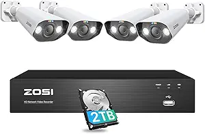 ZOSI 4K Spotlight PoE Security Camera System,8 Port 16CH 8MP NVR with 2TB HDD,4pcs 4K Outdoor Indoor PoE IP Cameras with 2 Way Audio and Siren,Night Vision,Person Vehicle Detection,for 24/7 Recording asin的图片