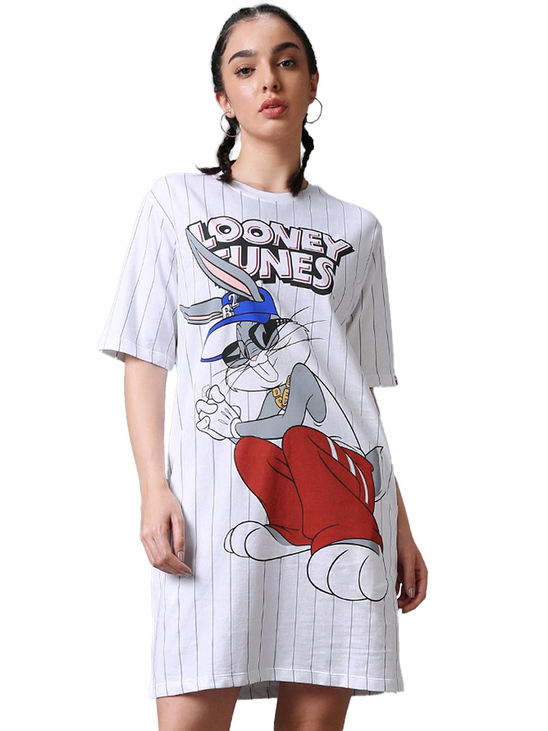 bewakoof Heavy Duty 1.0 Official Looney Tunes Merchandise Women's Graphic Printed Oversized Fit Half Sleeve Round Neck Terry Above The Knee T-Shirt Dress-picture-27